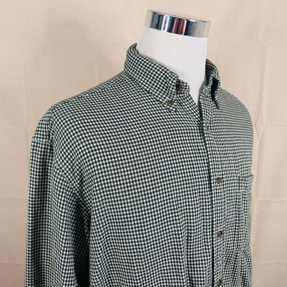 J Crew Large Vintage Oarsman Flannel Shirt Green Houndstooth Cotton Button Down